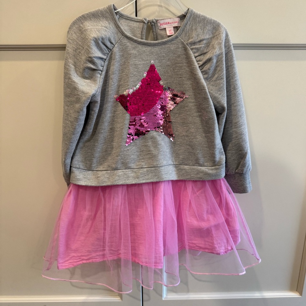 Design History Gray Sweatshirt Dress with Pink Sequin Star and Pink Tulle Skirt